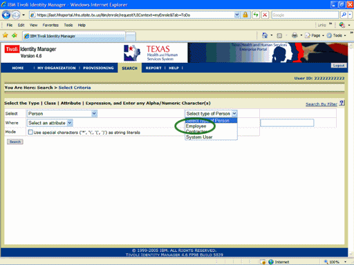 Screenshot of the Select Criteria page
